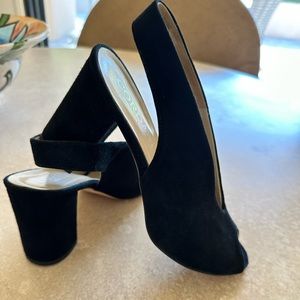 Cordani Italian black suede sling back peep toe heels. Size 6.5 US / 37 EU